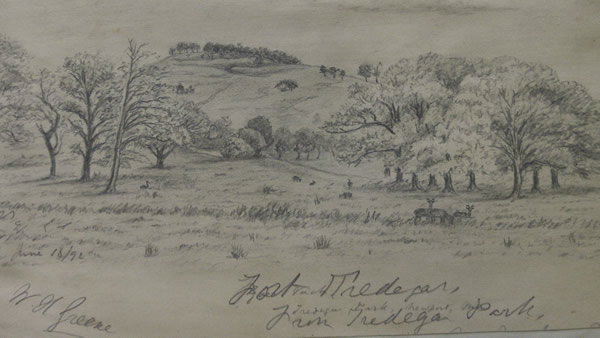 'Fort Tredegar' - Gaer Hillfort - as seen from Tredegar Park Newport. Drawn by WH Greene June 1892.