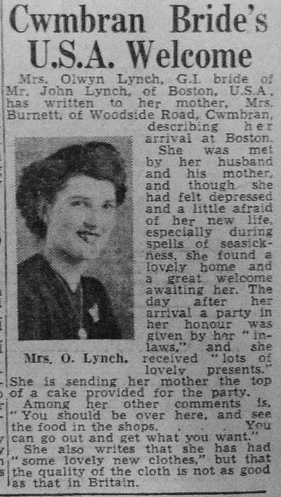 Mrs Olwyn Lynch, GI bride of Mr John Lynch, of Boston USA, has written to her mother, Mrs Burnett, of Woodside Road Cwmbran...