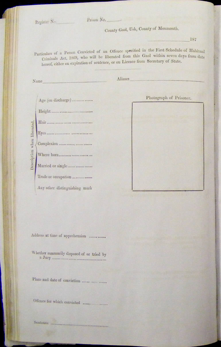 Record page from the receiving books Usk Gaol 1871 to 1873