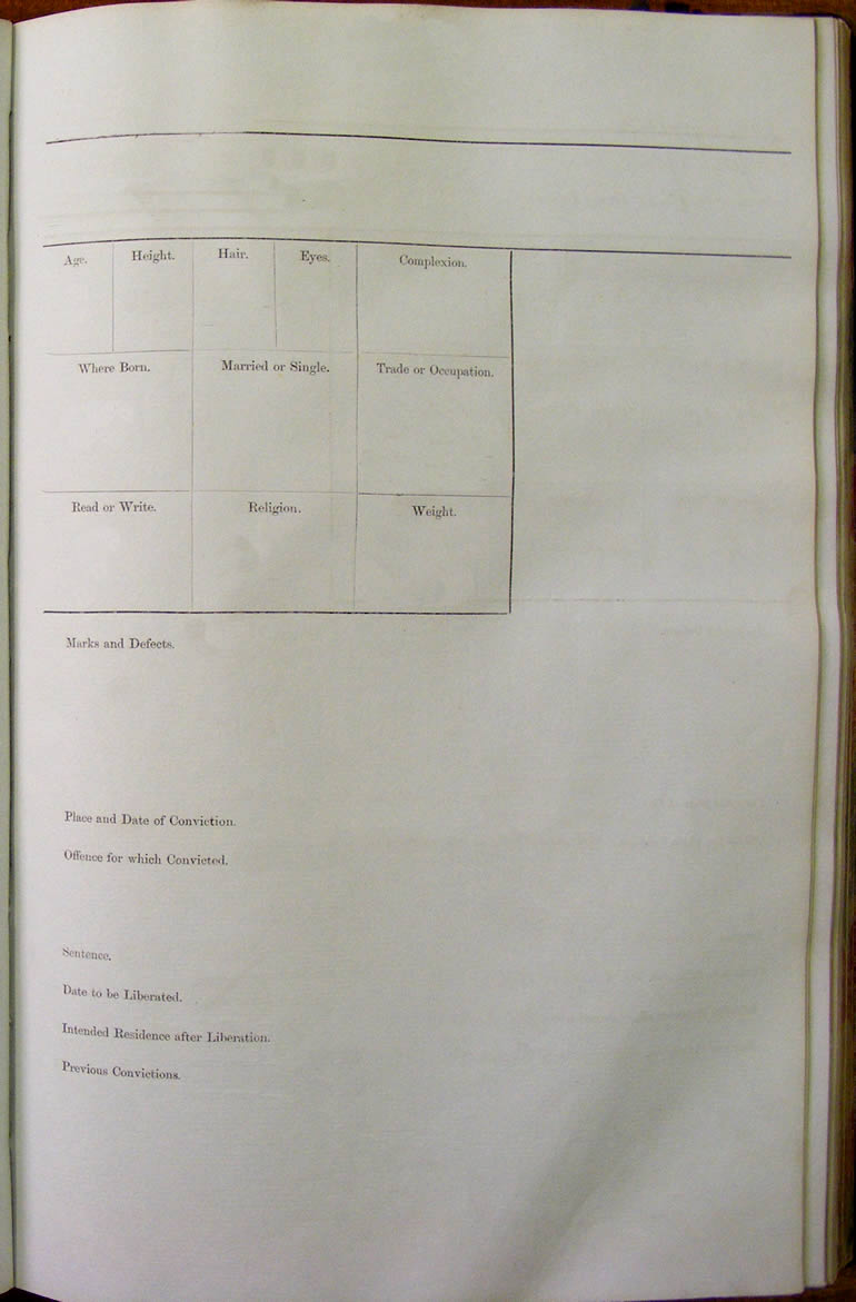 Blank record page from Usk Gaol receiving book 1876