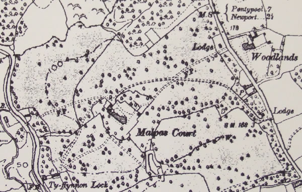 Section of the 1902 OS Map sowing Malpas Court with two lodges - North Lodge and South Lodge