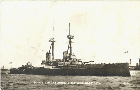 HMS Collingwood. 19250 tons 21.5 knots. Real Photo Post Card 657.