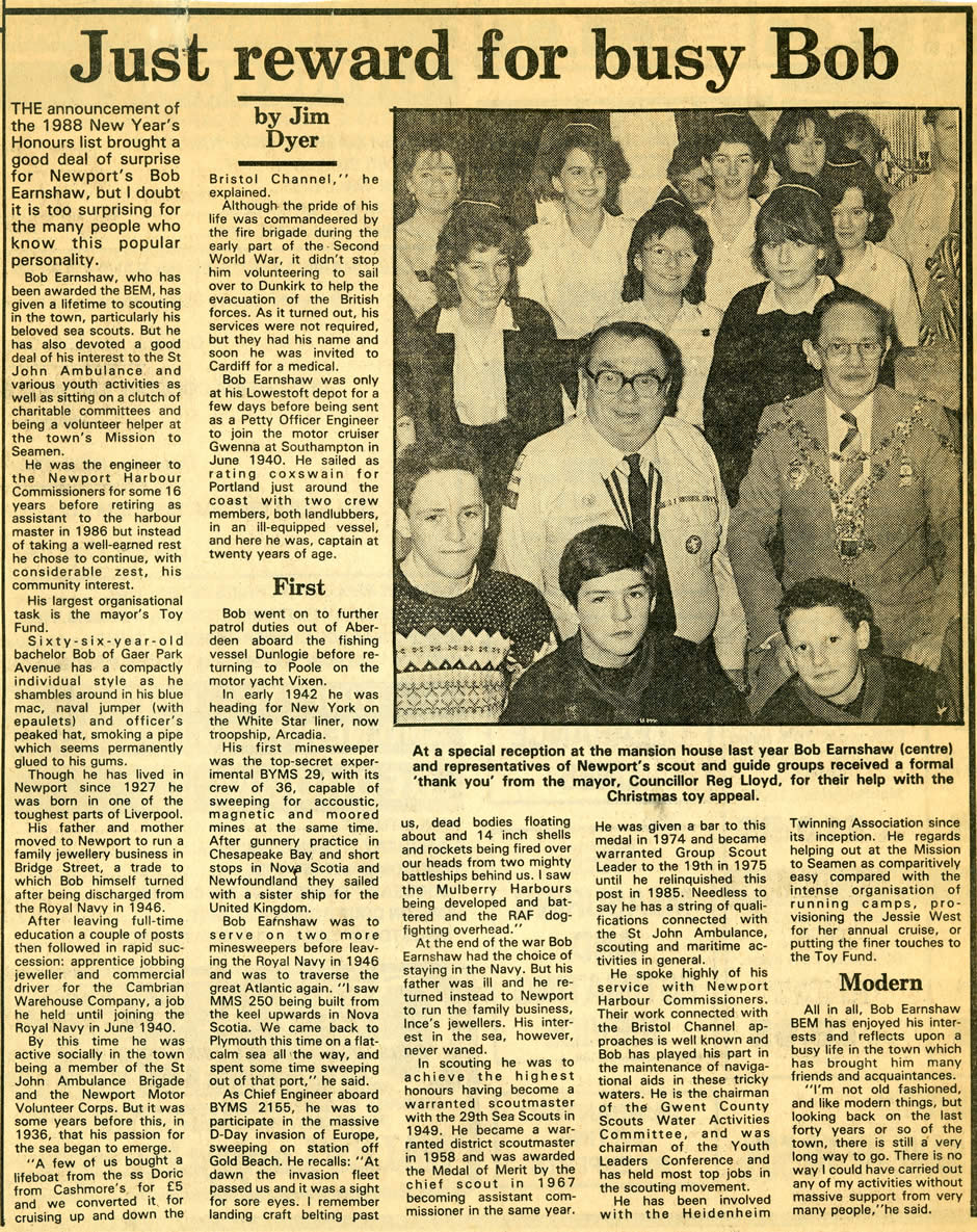 "Just Reward For Busy Bob Earnshaw" South Wales Argus Report, 31 December 1987. Bob Earnshaw awarded the BEM.
