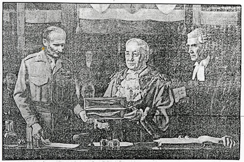 The oil painting showing Field Marshal Montgomery receiving the freedom of the borough from Alderman George Armstead. Looking on is Town Clerk Mr SMT Burpitt.