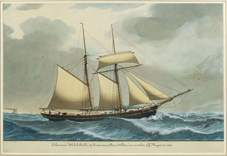 Painting of the 'Schooner Welsh Belle of Swansea, David Davies master, off Majorca 1890', by Luigi Renault of Leghorn, 1890