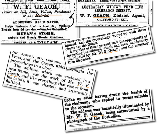 1882 and 1883 newspaper clips mentioning William Foster Geach