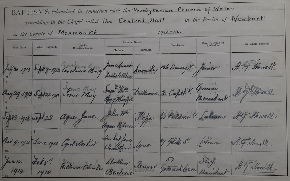 Page 10 of the Register of Baptisms for the Presbyterian Church of Wales assembling at the Great Central Hall in the Parish of Newport in the County of Monmouthshire
