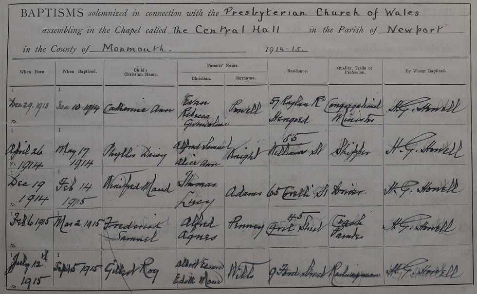 Page 11 of the Register of Baptisms for the Presbyterian Church of Wales assembling at the Great Central Hall in the Parish of Newport in the County of Monmouthshire