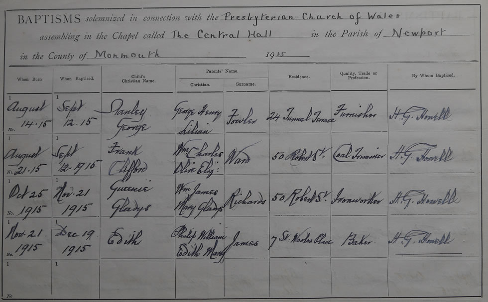 Page 12 of the Register of Baptisms for the Presbyterian Church of Wales assembling at the Great Central Hall in the Parish of Newport in the County of Monmouthshire