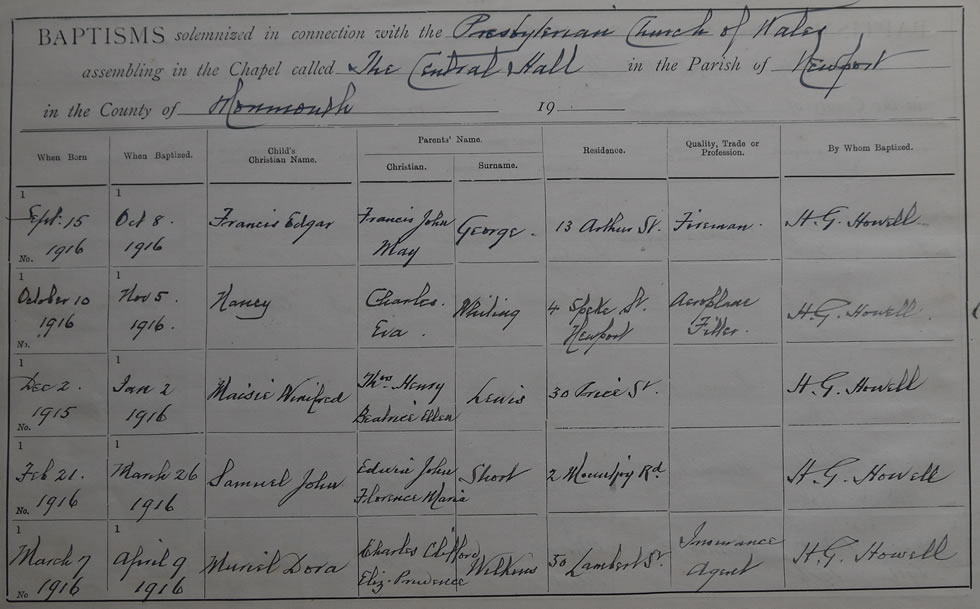 Page 14 of the Register of Baptisms for the Presbyterian Church of Wales assembling at the Great Central Hall in the Parish of Newport in the County of Monmouthshire