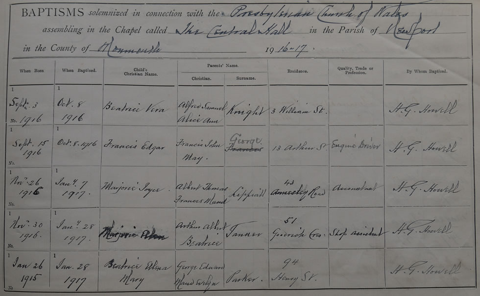 Page 15 of the Register of Baptisms for the Presbyterian Church of Wales assembling at the Great Central Hall in the Parish of Newport in the County of Monmouthshire