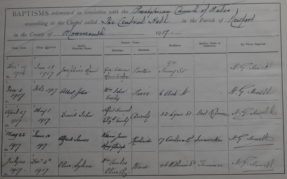 Page 16 of the Register of Baptisms for the Presbyterian Church of Wales assembling at the Great Central Hall in the Parish of Newport in the County of Monmouthshire