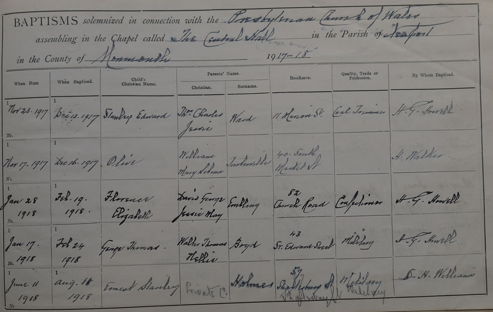 Page 17 of the Register of Baptisms for the Presbyterian Church of Wales assembling at the Great Central Hall in the Parish of Newport in the County of Monmouthshire