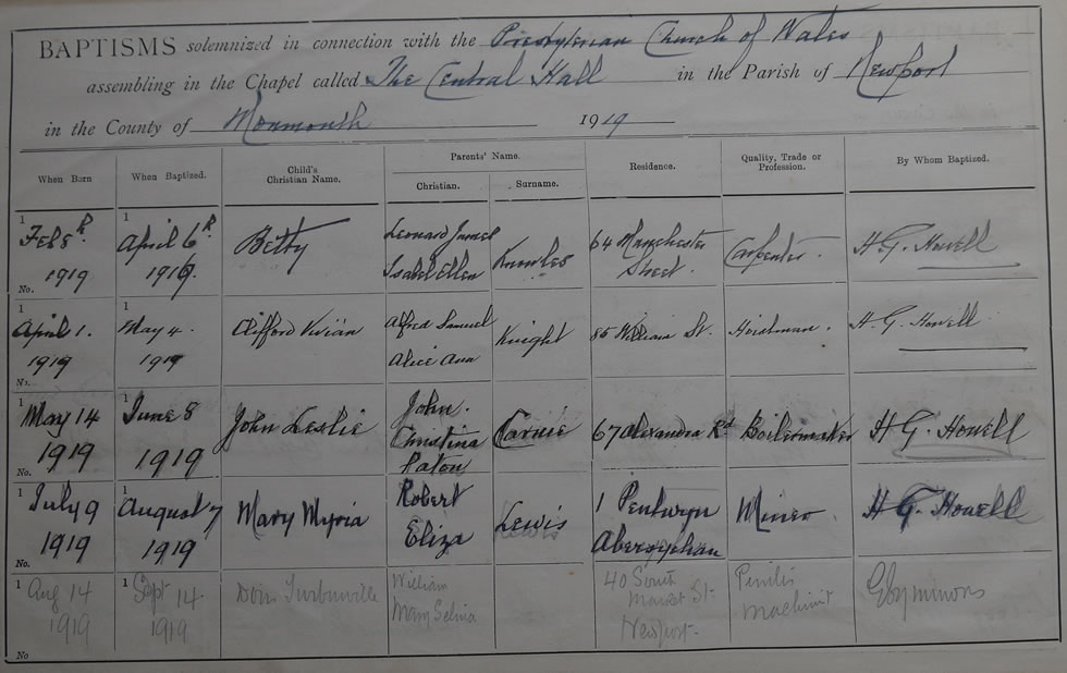 Page 18 of the Register of Baptisms for the Presbyterian Church of Wales assembling at the Great Central Hall in the Parish of Newport in the County of Monmouthshire