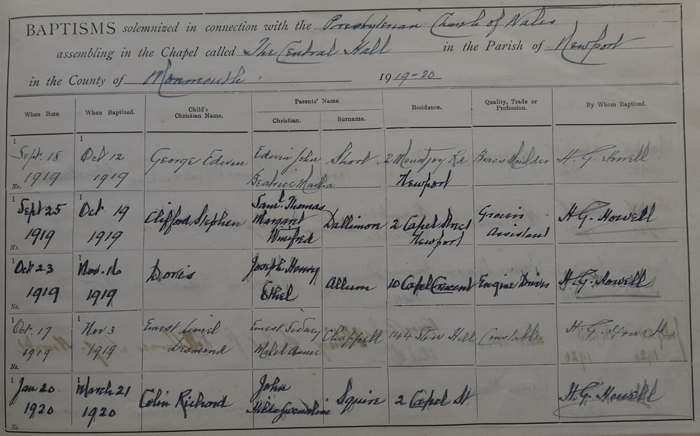 Page 19 of the Register of Baptisms for the Presbyterian Church of Wales assembling at the Great Central Hall in the Parish of Newport in the County of Monmouthshire
