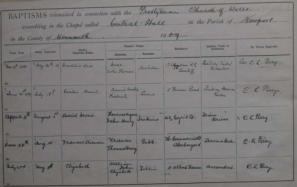Page 2 of the Register of Baptisms for the Presbyterian Church of Wales assembling at the Great Central Hall in the Parish of Newport in the County of Monmouthshire