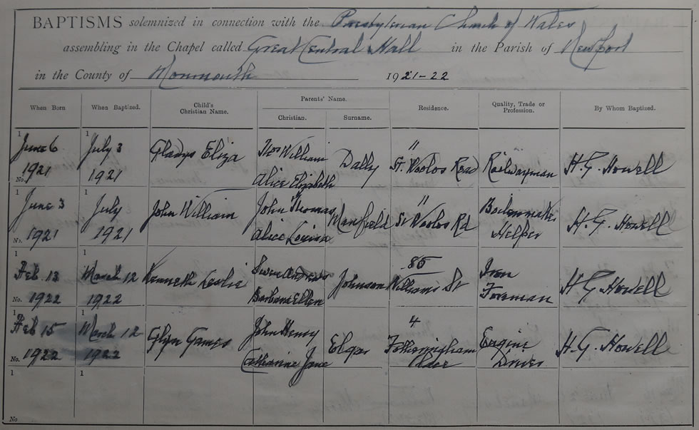 Page 22 of the Register of Baptisms for the Presbyterian Church of Wales assembling at the Great Central Hall in the Parish of Newport in the County of Monmouthshire