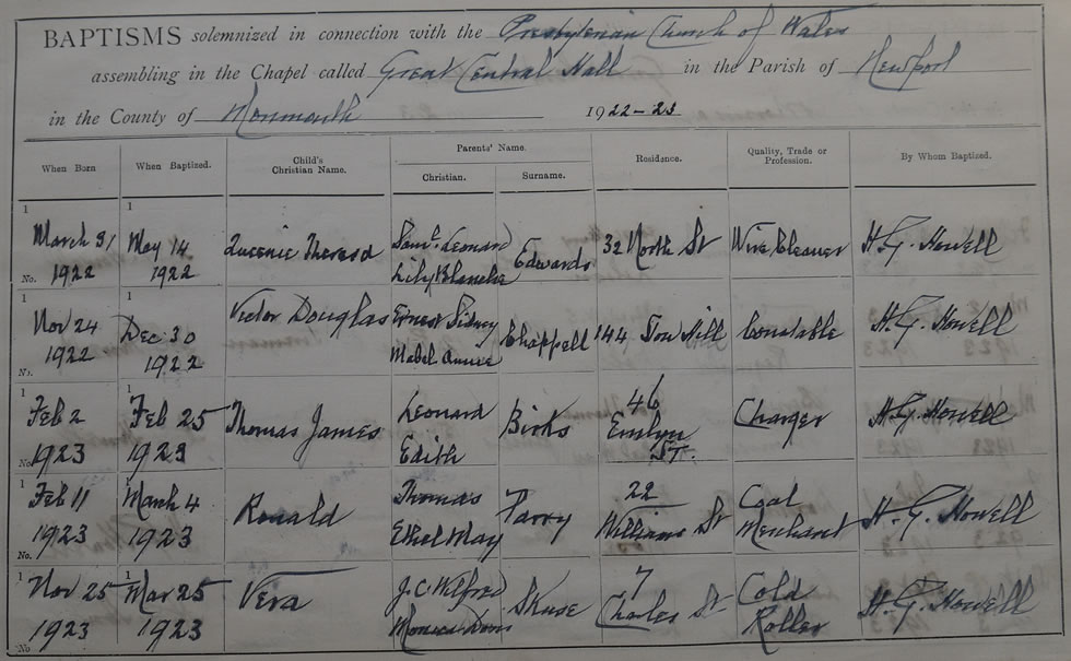 Page 23 of the Register of Baptisms for the Presbyterian Church of Wales assembling at the Great Central Hall in the Parish of Newport in the County of Monmouthshire