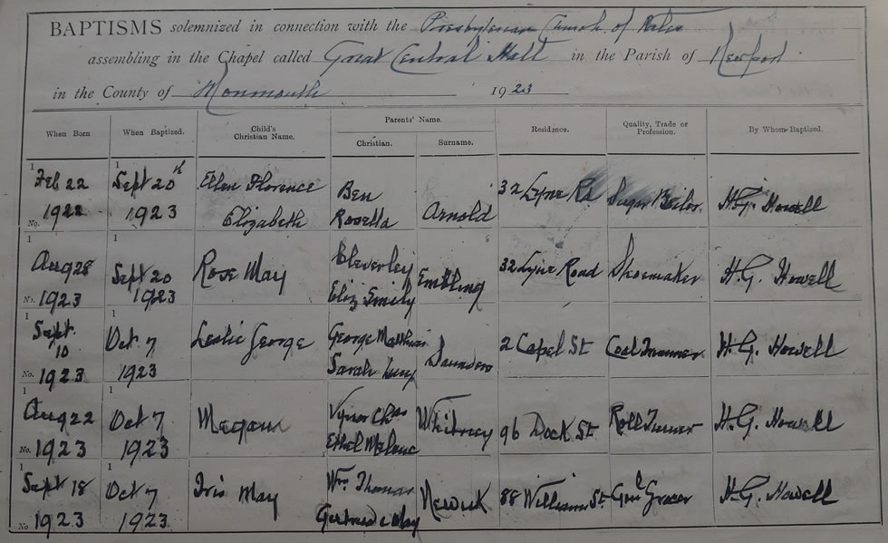 Page 25 of the Register of Baptisms for the Presbyterian Church of Wales assembling at the Great Central Hall in the Parish of Newport in the County of Monmouthshire