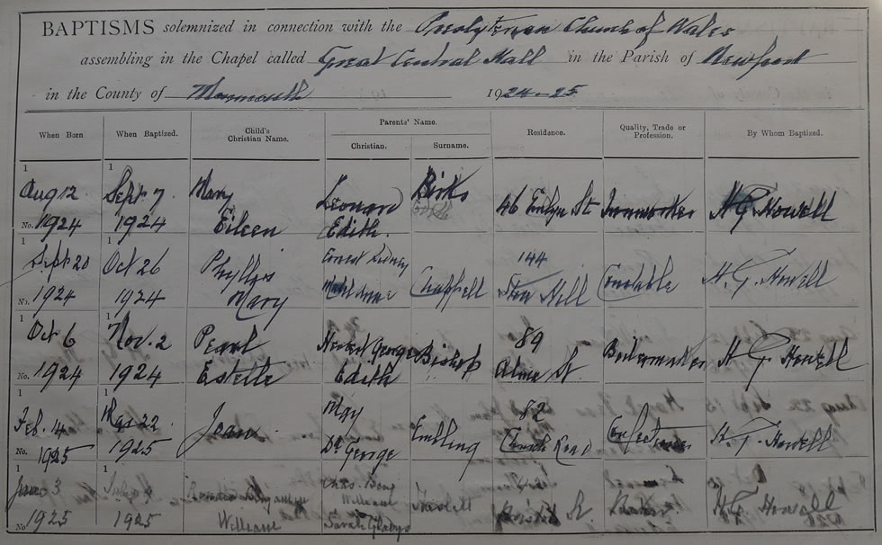 Page 27 of the Register of Baptisms for the Presbyterian Church of Wales assembling at the Great Central Hall in the Parish of Newport in the County of Monmouthshire