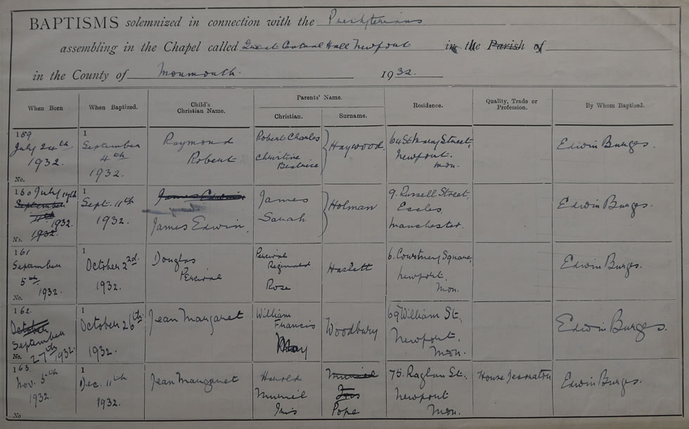Page 33 of the Register of Baptisms for the Presbyterian Church of Wales assembling at the Great Central Hall in the Parish of Newport in the County of Monmouthshire