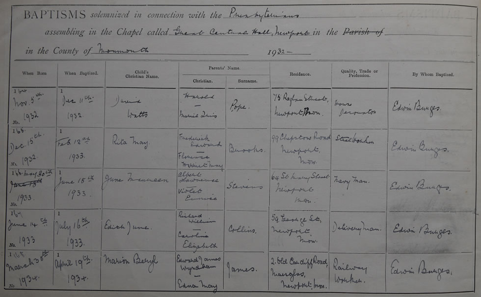 Page 34 of the Register of Baptisms for the Presbyterian Church of Wales assembling at the Great Central Hall in the Parish of Newport in the County of Monmouthshire
