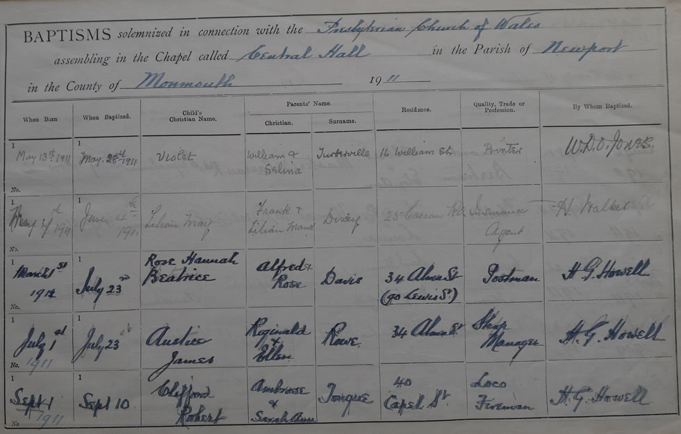 Page 5 of the Register of Baptisms for the Presbyterian Church of Wales assembling at the Great Central Hall in the Parish of Newport in the County of Monmouthshire