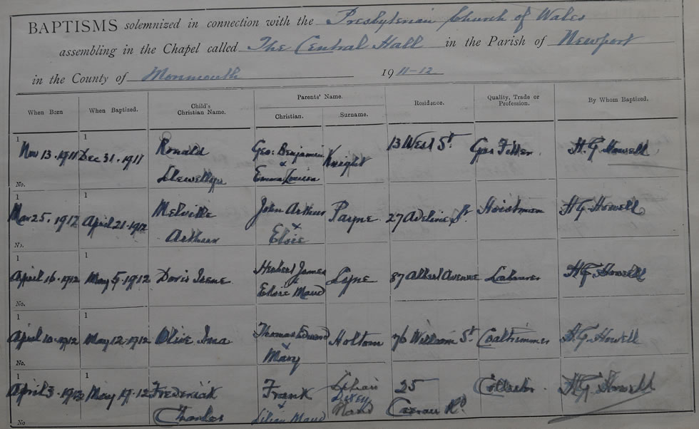 Page 7 of the Register of Baptisms for the Presbyterian Church of Wales assembling at the Great Central Hall in the Parish of Newport in the County of Monmouthshire
