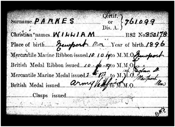 Medal Card of William Parkes from the Registrar General of Shipping and Seamen
